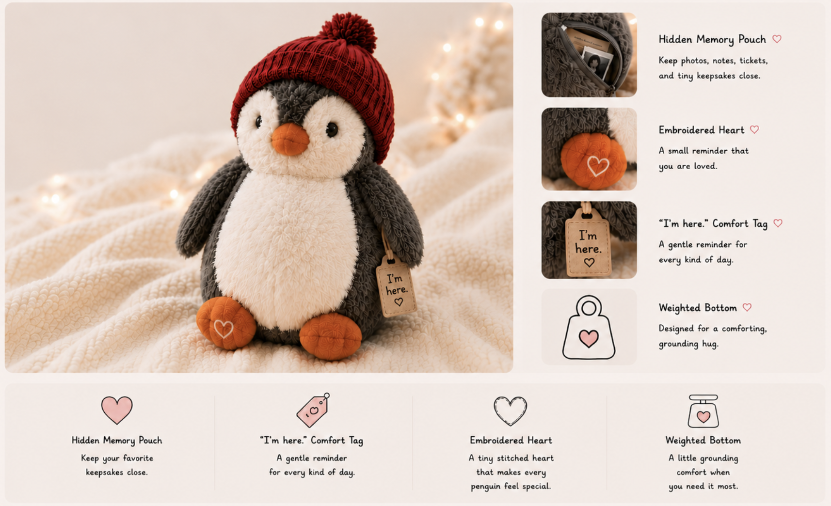 Comfort Penguin plush with feature callouts